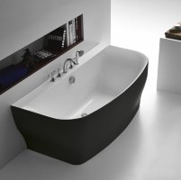 Пристенная, чёрная, прямоугольная акриловая ванна в комплекте со сливом-переливом цвета хром.  BelBagno